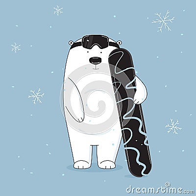 Vector cool and cute bear on snowboard illustration. Hand drawn animal cartoon banner. Baby winter holidays greeting Vector Illustration