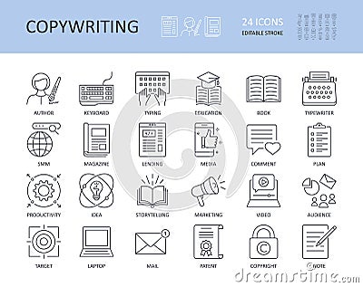 Vector copywriting icons. Editable stroke. Written by journalist computer keyboard typing book magazine publication education. Vector Illustration