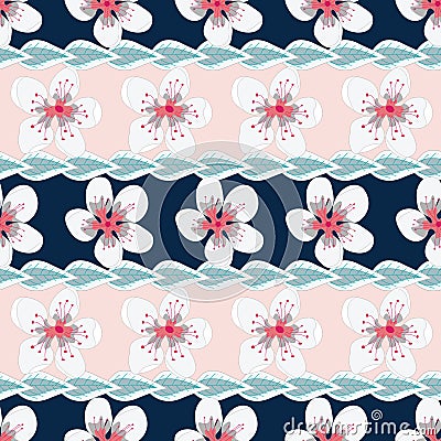 Vector Coral White Gray Flowers with Green Leaves on Peach and Blue Stripes Background Seamless Repeat Pattern Vector Illustration