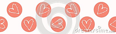 Vector coral and white textured heart circles. Seamless repeat border. Vector Illustration