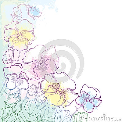 Vector corner bouquet with outline Pansy or Heartsease or Viola tricolor flower and ornate leaf in pastel pink and green colored. Vector Illustration