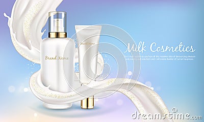 Vector cosmetic banner with white bottle in milk swirl Vector Illustration