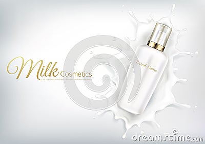 Vector cosmetic banner with white bottle in milk swirl Vector Illustration