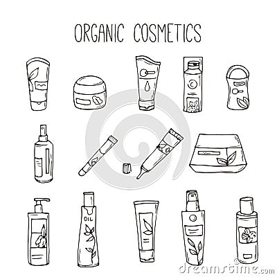 Vector cosmetic bottles. Organic cosmetics illustration. Doodle skin care items. Herbal hand drawn set. Spa elements in Vector Illustration