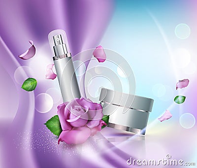 Vector cosmetics jars on bokeh background and roses. Element fo Vector Illustration