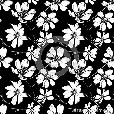 Vector Cosmos floral botanical flowers. Black and white engraved ink art. Seamless background pattern. Vector Illustration