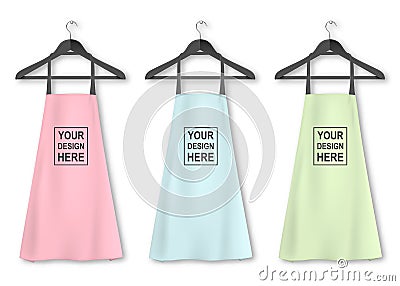 Vector cotton kitchen apron icon set with clothes hangers closeup on white background. Pastel colors. Design Vector Illustration