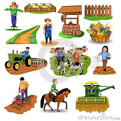 Vector countryside set of clip arts like harvester, sowing seeds, riding a horse, plowing, farm animals, well, farmer, tilling the Vector Illustration