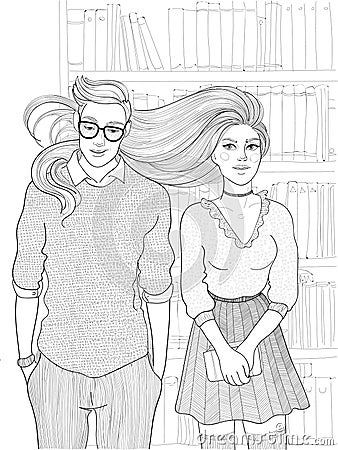 Vector couple man and woman hesitate in the library, the girl whole appearance suggests that she likes the guy Vector Illustration
