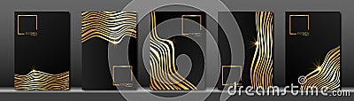 Vector cover for text. Abstract black fluid striped line background. Gold wave strips. Applicable for design cover, presentation Vector Illustration