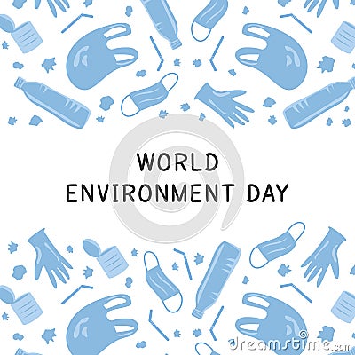 Vector Covid Coronavirus Waste Banner. World Environment Day. Plastic pollution background. Environmental issue or Vector Illustration