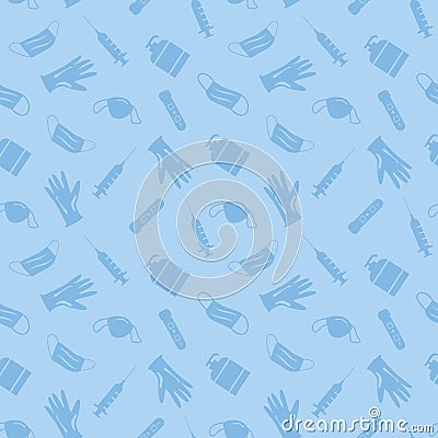 Vector Covid Coronavirus Waste Seamless Pattern. Plastic pollution on blue background. Environmental issue or ecology Vector Illustration