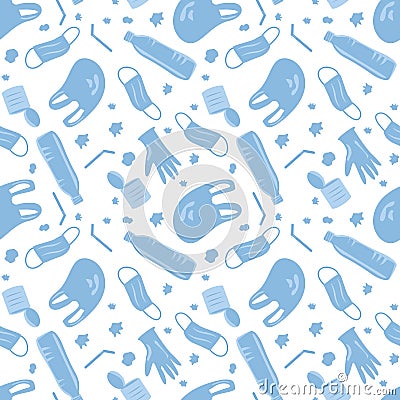 Vector Covid Coronavirus Waste Seamless Pattern. Plastic pollution on white background. Environmental issue or ecology Vector Illustration