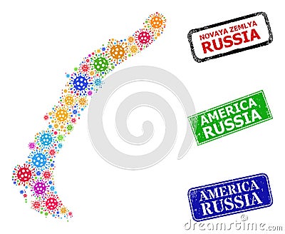 Distress America Russia Seals and Colorful Bacterium Novaya Zemlya Islands Map Composition Vector Illustration