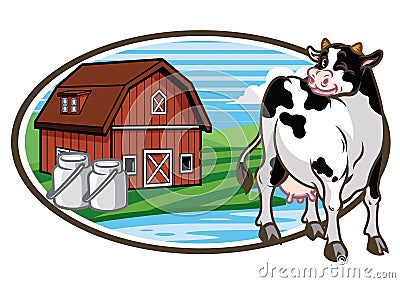 Cow and the farm land at the background Vector Illustration