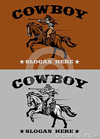 Cowboy Ride Horse Logo Style Shooting the Rifle Vector Illustration