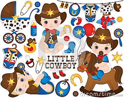 Vector Cowboy Set. Set Includes Cute Little Baby Boys Dressed as Little Cowboys Vector Illustration