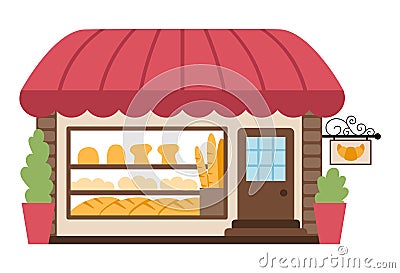Vector cozy bakery isolated on white background. Small bread shop illustration. Cute French kiosk with pastry, cakes, loaves, Vector Illustration