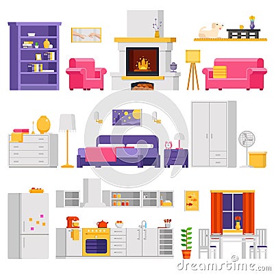 Vector cozy interior set of furniture and room elements in flat design for infographic design and banners. Vector Illustration