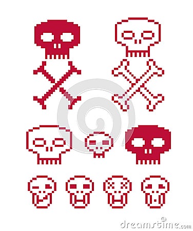 Vector craniums with crossed bones, flat 8 bit icons, collection Vector Illustration