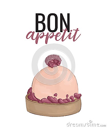 Vector creamy cake with Bon Appetit typography. Delicious bakery poster. Dessert with raspberry onn top, homemadefood with fruits Vector Illustration