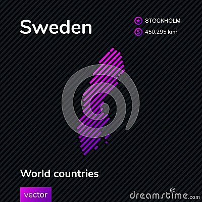 Vector creative digital neon flat line art abstract simple map of Sweden with violet, purple, pink striped texture Vector Illustration