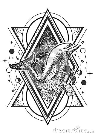 Vector creative geometric ocean dolphin tattoo art style design Vector Illustration