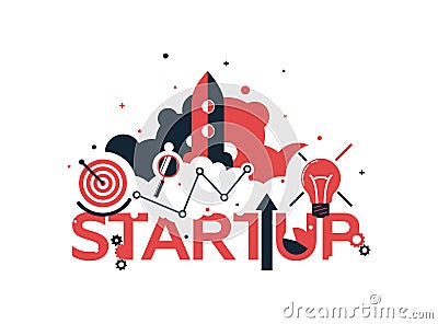 Vector creative illustration of business startup word lettering typography with line icons, tag cloud on white Vector Illustration