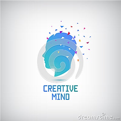 Vector creative mind logo, head silhouette with thoughts and ideas going out. Vector Illustration