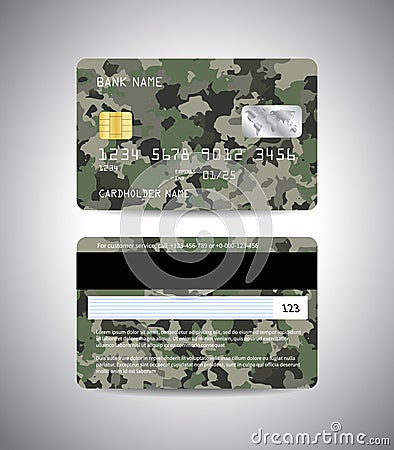 Vector credit cards set with camouflage military abstract background design Cartoon Illustration