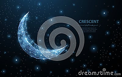 Vector crescent moon. Abstract polygonal wireframe on dark blue night sky background. Night symbol. Arabic, islamic Vector Illustration