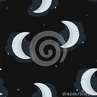 Vector Crescent Moon at Magical Starry Night seamless pattern background. Perfect for fabric, scrapbooking and wallpaper Vector Illustration