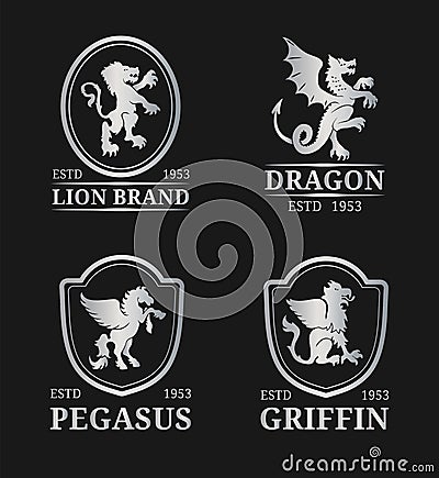 Vector crest monogram templates. Luxury pegasus,dragon, lion,griffin design. Graceful animals silhouettes illustrations. Vector Illustration