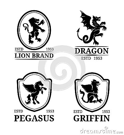 Vector crest monogram templates. Luxury pegasus, dragon, lion, griffin design. Graceful animals silhouettes illustrations. Vector Illustration