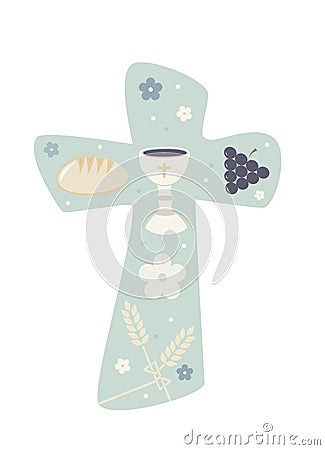 Christian cross with chalice grapes bread and wheat ear. Religious sign. pastel green background Stock Photo