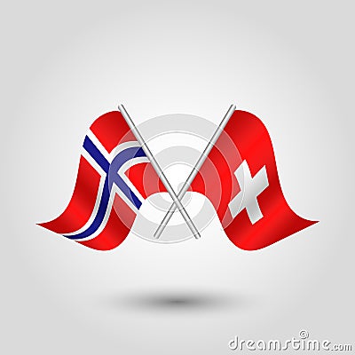 Vector crossed norwegian and swiss flags on silver sticks - symbol of norway and switzerland Vector Illustration
