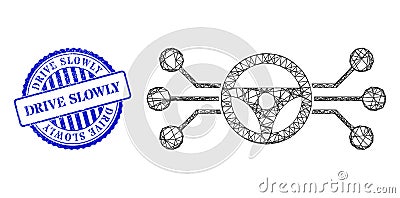 Grunge Drive Slowly Stamp and Network Autopilot Mesh Vector Illustration