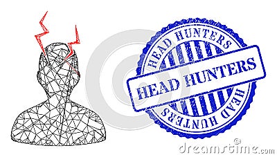 Rubber Head Hunters Badge and Hatched Head Migrain Sick Mesh Vector Illustration