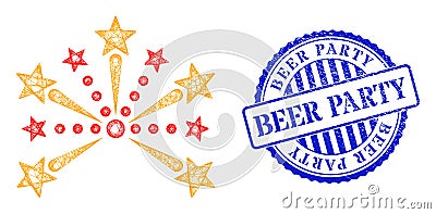 Rubber Beer Party Stamp and Network Pyrotechnic Salute Mesh Vector Illustration