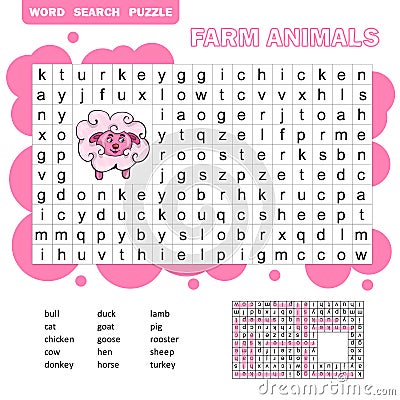 Game for children about farm animals and pets. Word search puzzle Vector Illustration