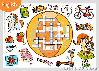 Vector crossword in English. Cartoon set of toys and objects for girl Vector Illustration