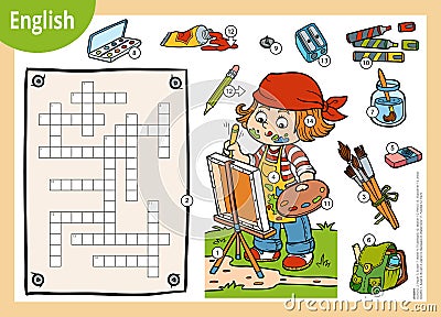Vector crossword in English, education game for children. Cartoon artist girl and objects for drawing Vector Illustration
