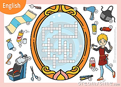 Vector crossword in English, education game for children. Cartoon hairdresser and objects for hair cutting Vector Illustration