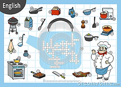 Vector crossword in English, education game for children. Chef and set of kitchen items Vector Illustration