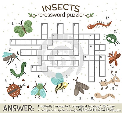 Vector crossword puzzle with forest insects. Bright and colorful quiz for children. Vector Illustration