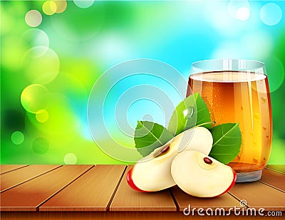 vector cup glass of apple juice with slices of apple, ruddy apple lying on a wooden table on the background of the sky and green Vector Illustration