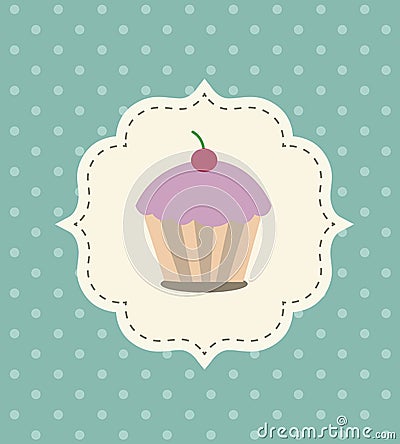 Vector Cupcake with Cherry Invitation Card Illustration on a Dotted Background Vector Illustration