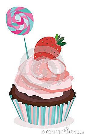 Vector cupcake, muffin, dessert, cake. Strawberry and candy pink muffin,cupcake print, illustration, poster. Vector Illustration