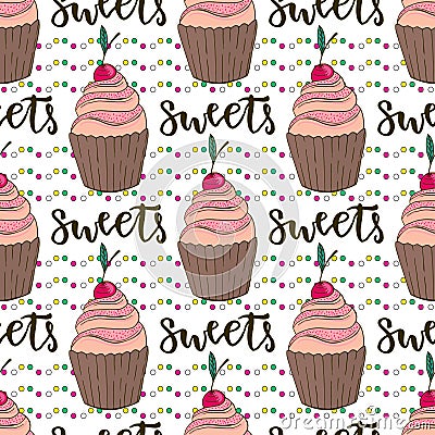 Vector cupcakes seamless pattern. Doodle background with sweets cakes. Birthday decoration Vector Illustration