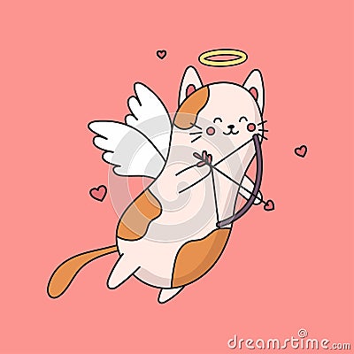 Vector cupid funny cat flying in sky. Happy Valentine's day greeting card. Amur cat character with arrow isolated on Vector Illustration